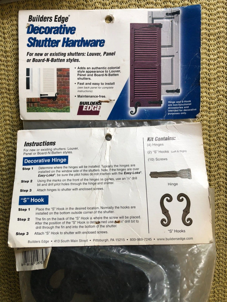 Three Sets Builders Edge Shutter Hardware Decorative Hinges & S Hook Kit