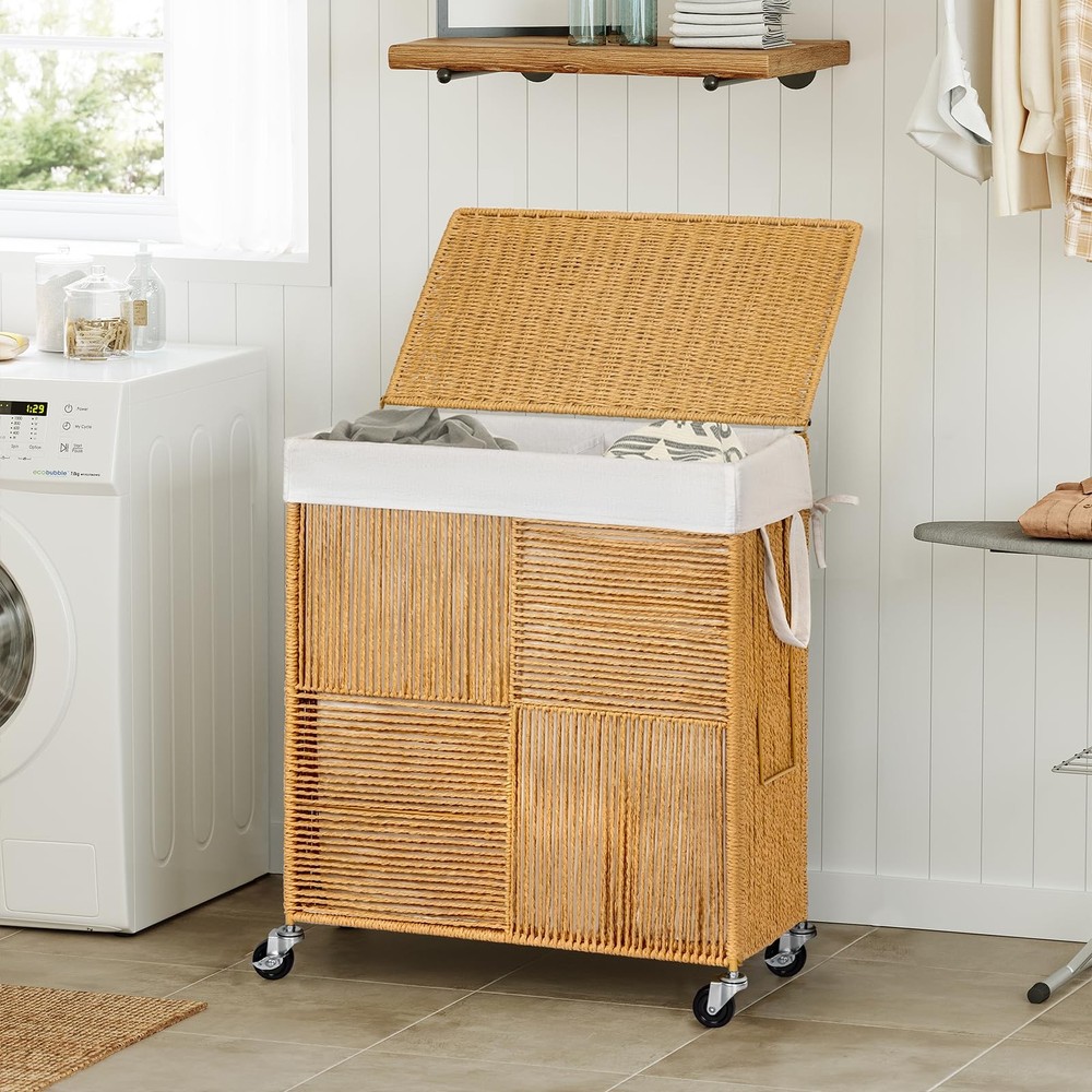 Double Laundry Hamper with Lid, Handwoven Rolling Laundry Basket with Wheels,...