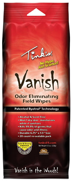 Tink's Vanish Oder Eliminating Hunting Field Wipes 20 Pack - W5935 - NEW!