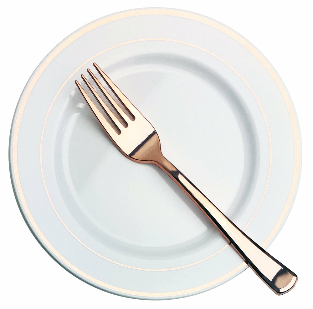 100 Piece Rose Gold Plastic Forks - Reusable & Recyclable - Elegant Utensils