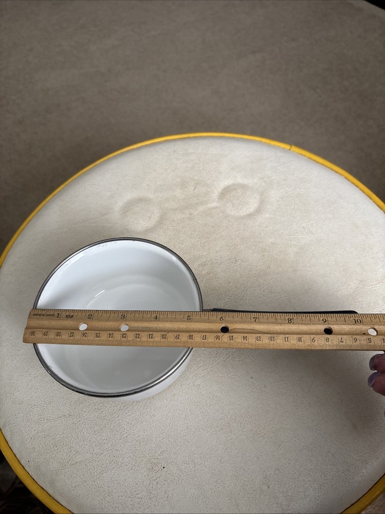 Vintage White Enamel Saucepan With Blue Handle