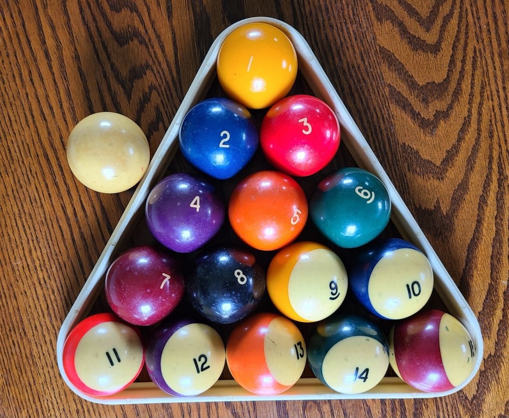RARE Bakelite Pool Balls & Cue Ball solid color white numbers, stripe w/ black