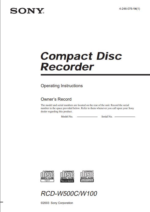SONY RCD-W500C RCDW100 5-Disc Changer CD Recorder Player USER MANUAL Guide