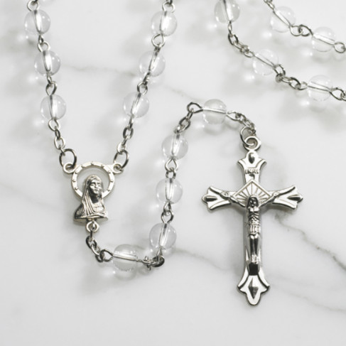 Clear Round Pressed Glass Bead Rosary Necklace 6mm Madonna Jesus Christ Cross