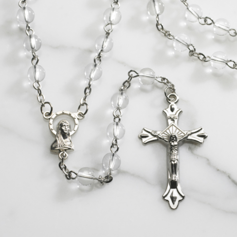 Clear Round Pressed Glass Bead Rosary Necklace 6mm Madonna Jesus Christ Cross