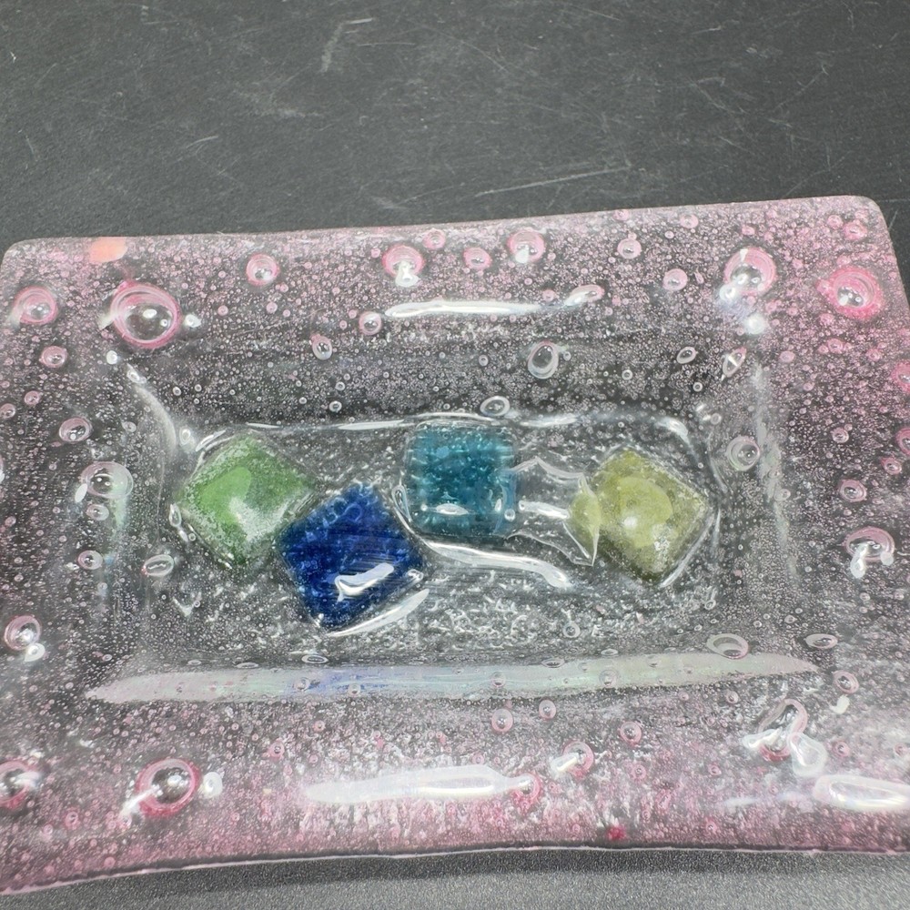 Vintage Hand Made Rectangular Trinket Dish Holder Container Plate Pink Bubbles
