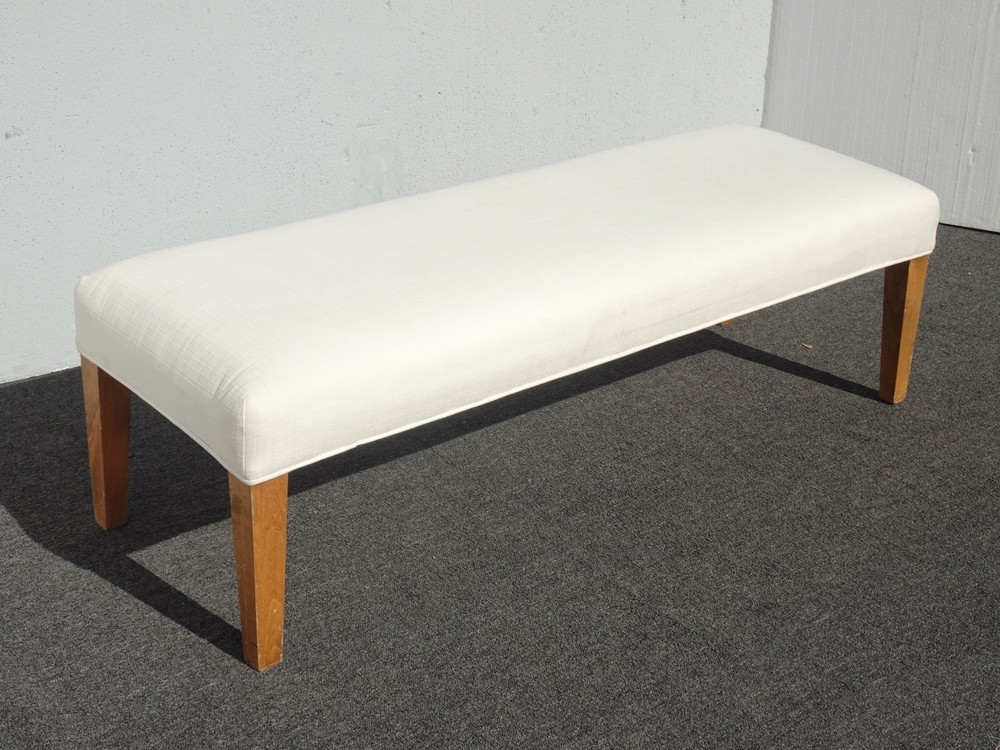 Modern White Bed Side Bench with Brown Legs & Designer Fabric