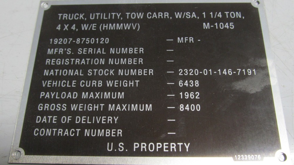 Humvee M-1045 Data Plate Blank