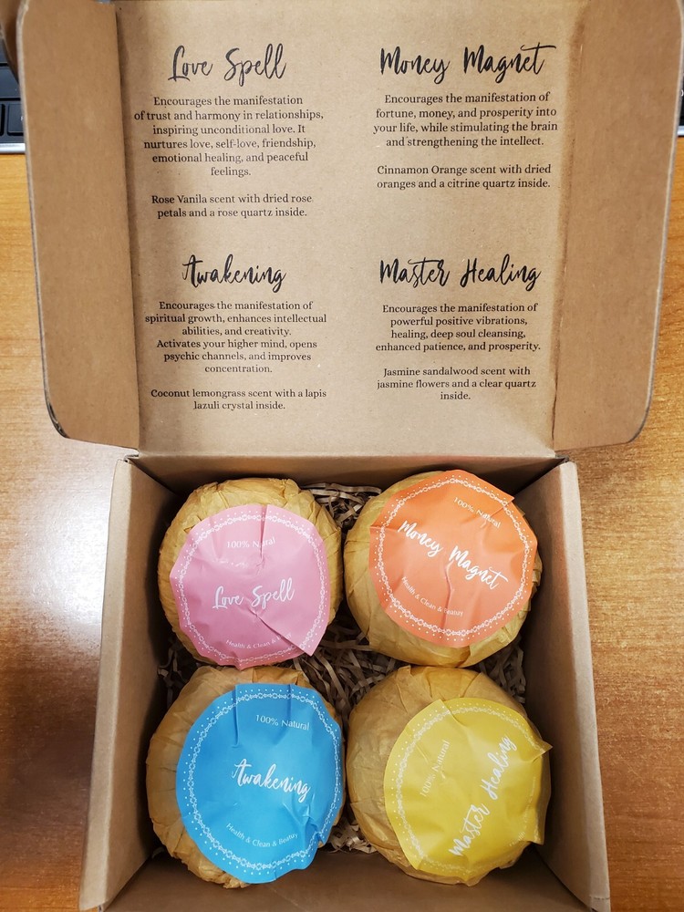 Organic Bath Bombs Set - 4 Large Bath Bombs with 4 Unique Scents & Crystals E5D