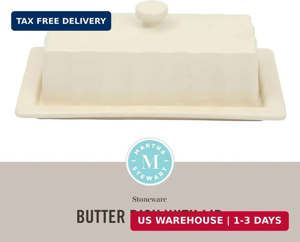 Martha Stewart Broadbrook Stoneware Butter Dish with Lid, Rectangular Covered Bu