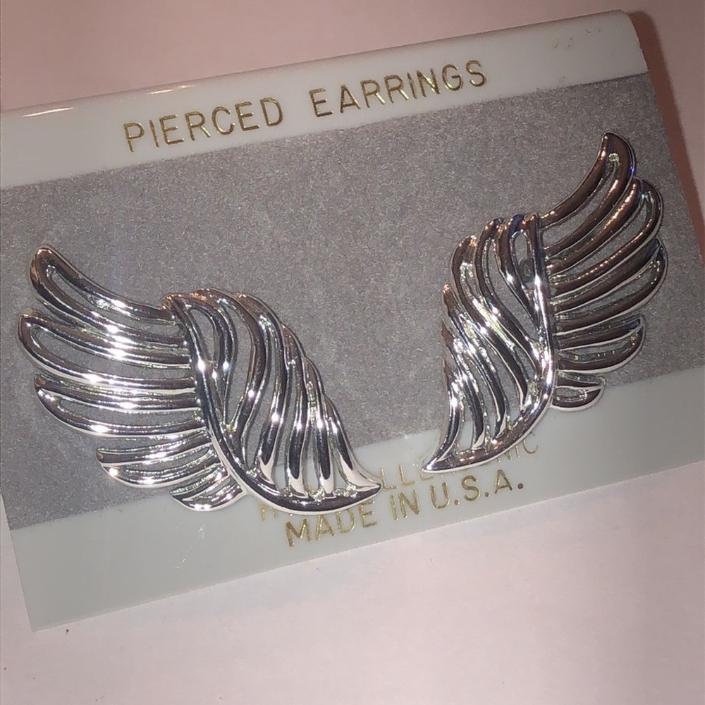 Vintage Silver Tone Retro Boho Wing Pierced Earrings