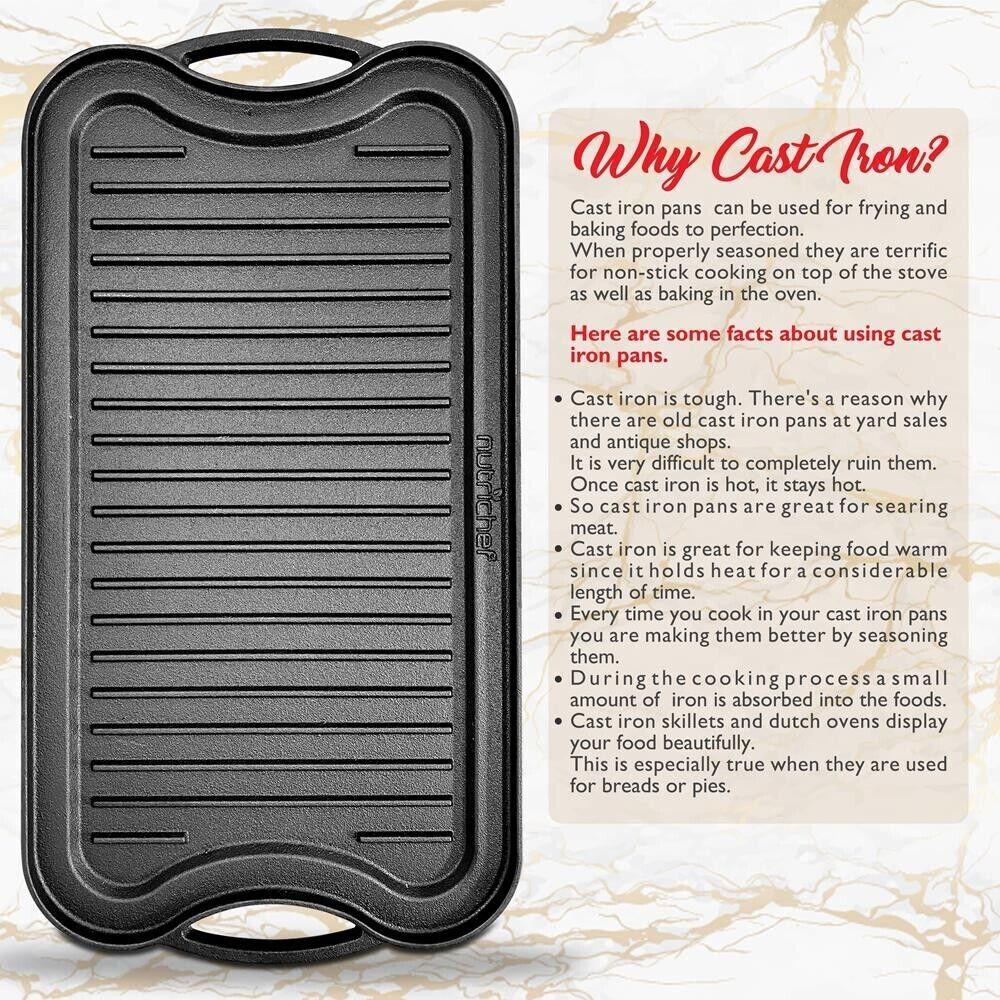NutriChef Kitchen Plate Reversible Cast Iron Griddle, Classic Flat Grill Pan