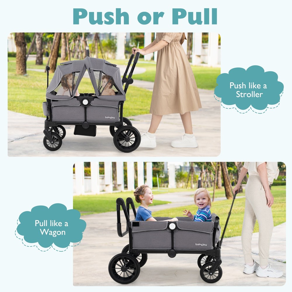 Wagon Stroller for 2 Kids Push Pull Double Stroller w/ Adjustable Handle