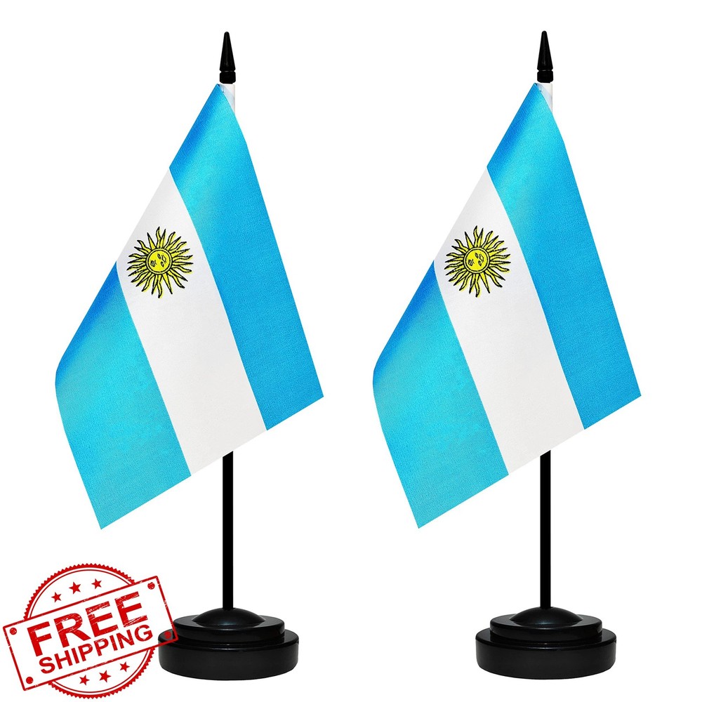 Argentina 2 Pack Desk Flag Set 12" Pole Black Base Table Flag