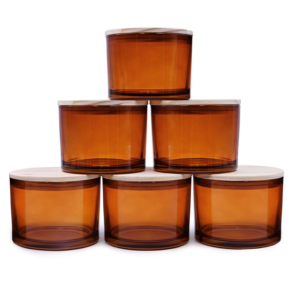 6 PCS 18 oz Thick Candle Jars Making Empty Wood Lids Sample Container Brown Kit