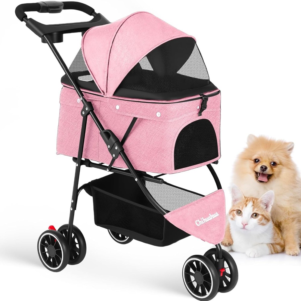 Pet Stroller Dog Stroller Small Medium Dog Cat 3 Wheels Foldable with Canopy