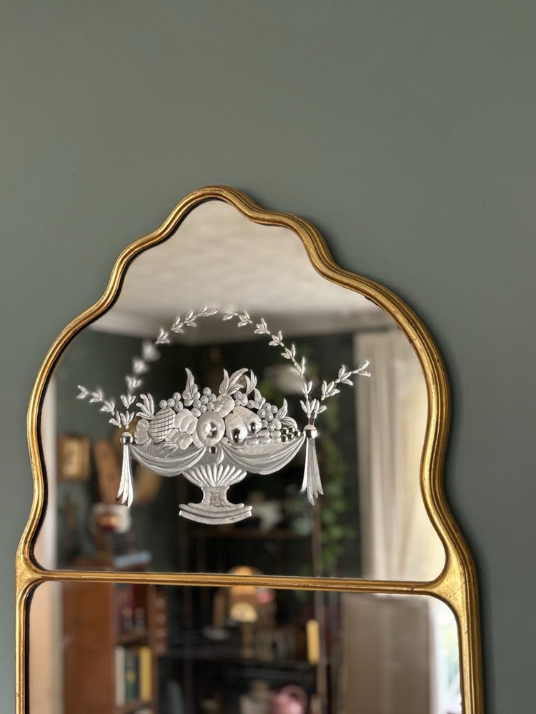 Antique Gilded Renaissance Baroque Arabesque Shaped Mirror with Etching