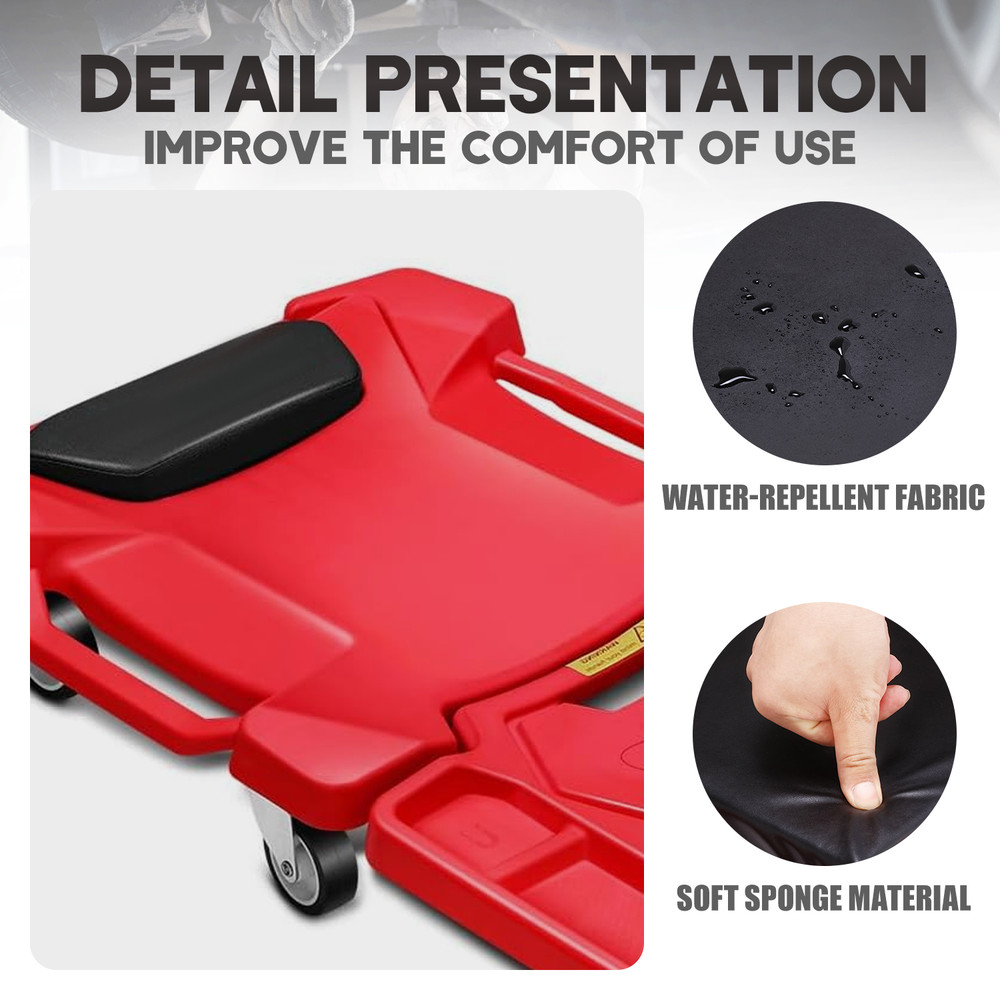 41" FOLDABLE LOW PROFILE ROLLING CREEPER WITH DUAL TOOL TRAYS PADDED HEADREST