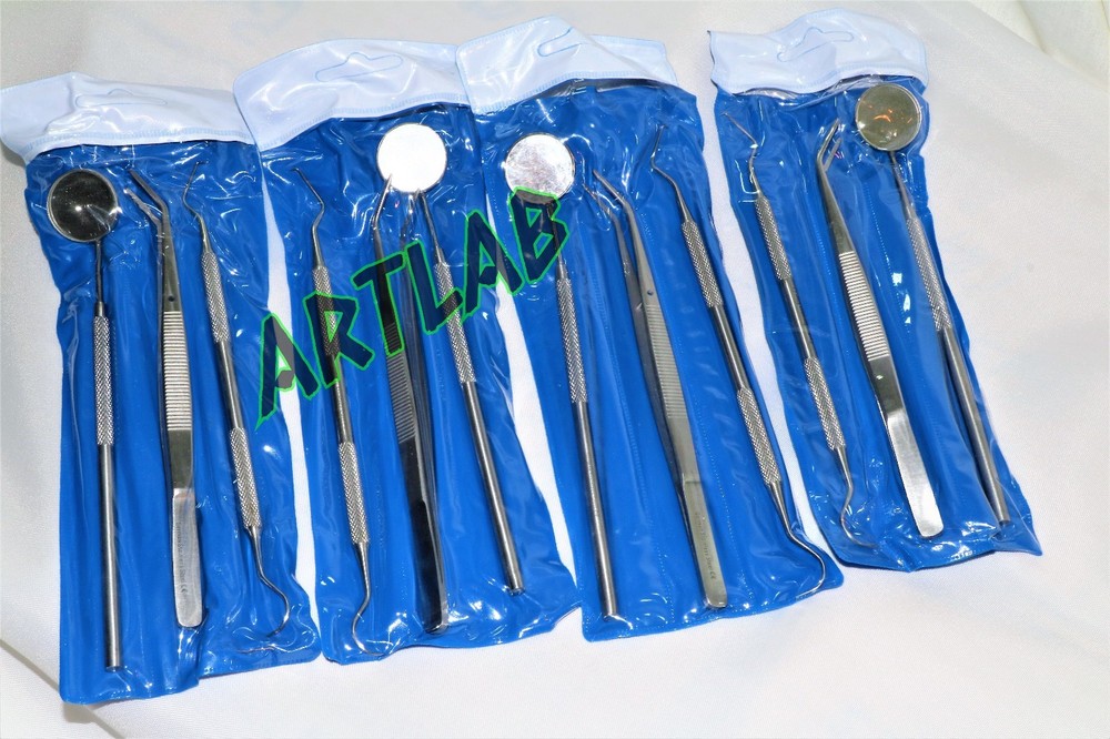 4 GERMAN BASIC DENTAL SETS- EXPLORER PROBE+DENTAL MIRROR+COLLEGE COTTON PLIER
