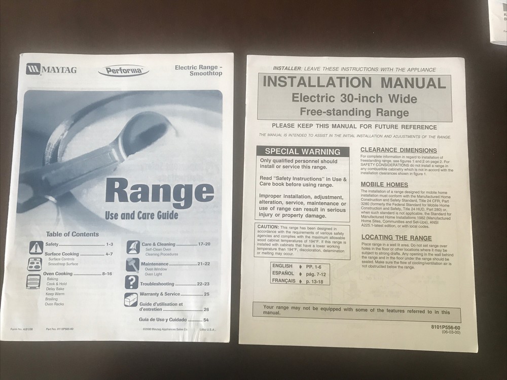 Maytag Electric Range Smoothtop 30 inch FS OWNERS MANUAL & INSTALLATION GUIDE