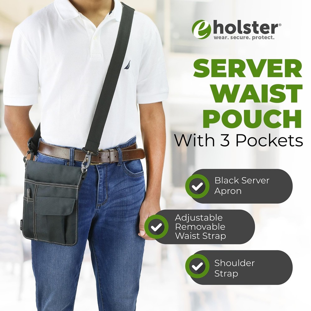 Waitress Apron with 3 Pockets - Black Server Apron with Adjustable/Removable ...