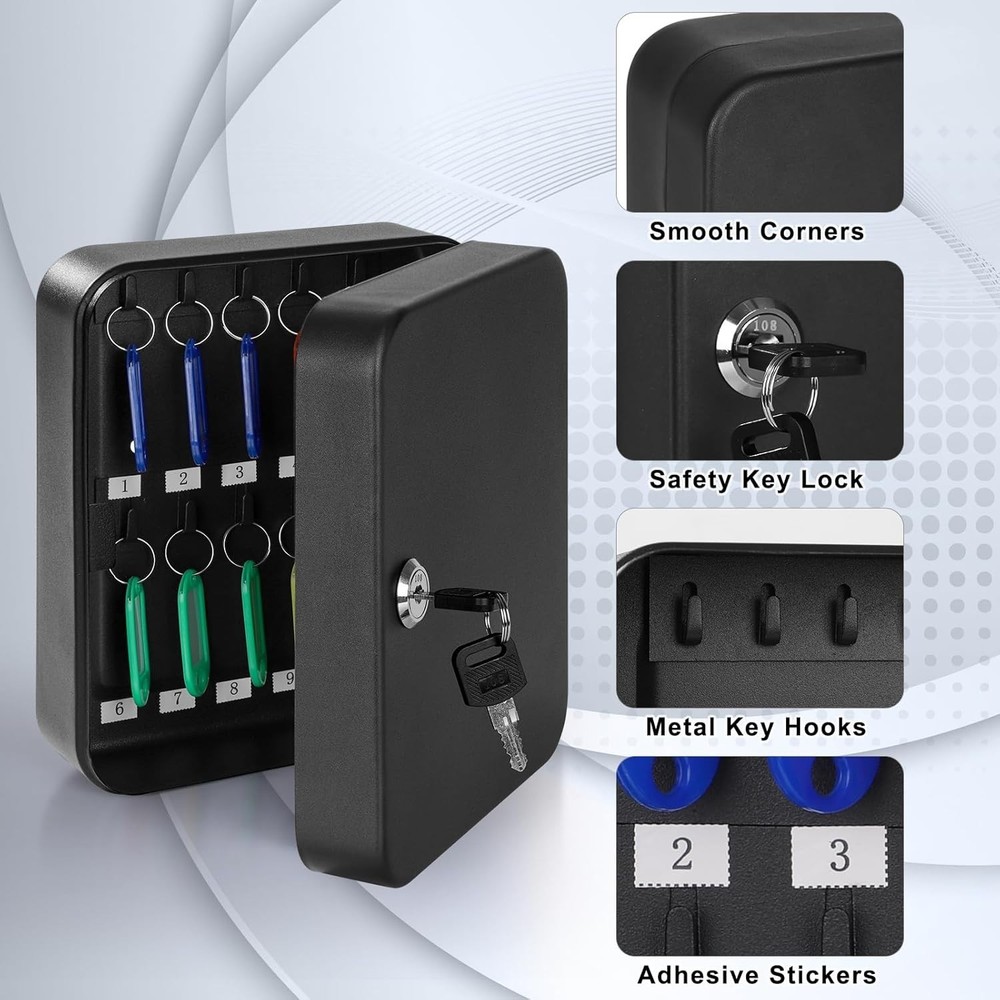 Compact Metal Key Storage Box - Lockable Wall-Mount Organizer with 20 Hooks