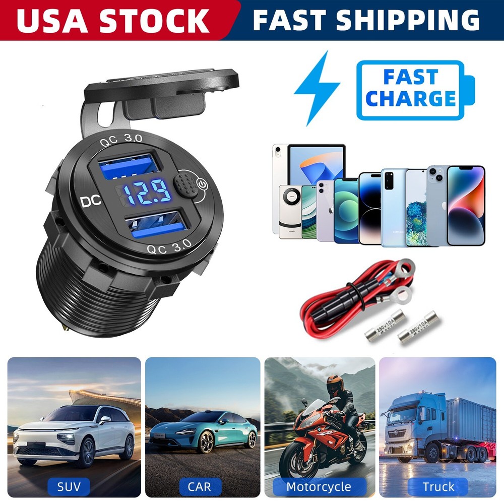 12V QC3.0 Dual USB Fast Car Charger Power Socket Outlet LED Voltmeter Waterproof