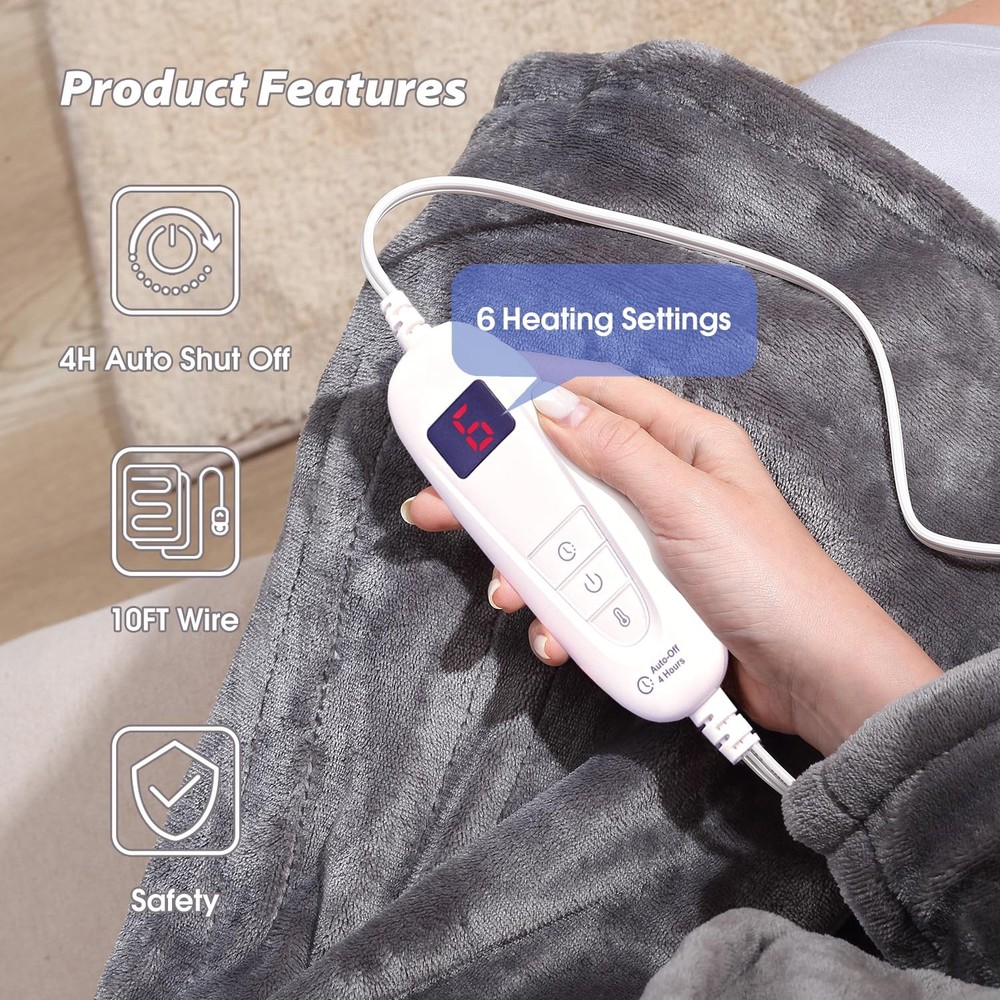 Tefici Electric Heated Blanket Throw, Super Cozy Soft 2-Layer Grey