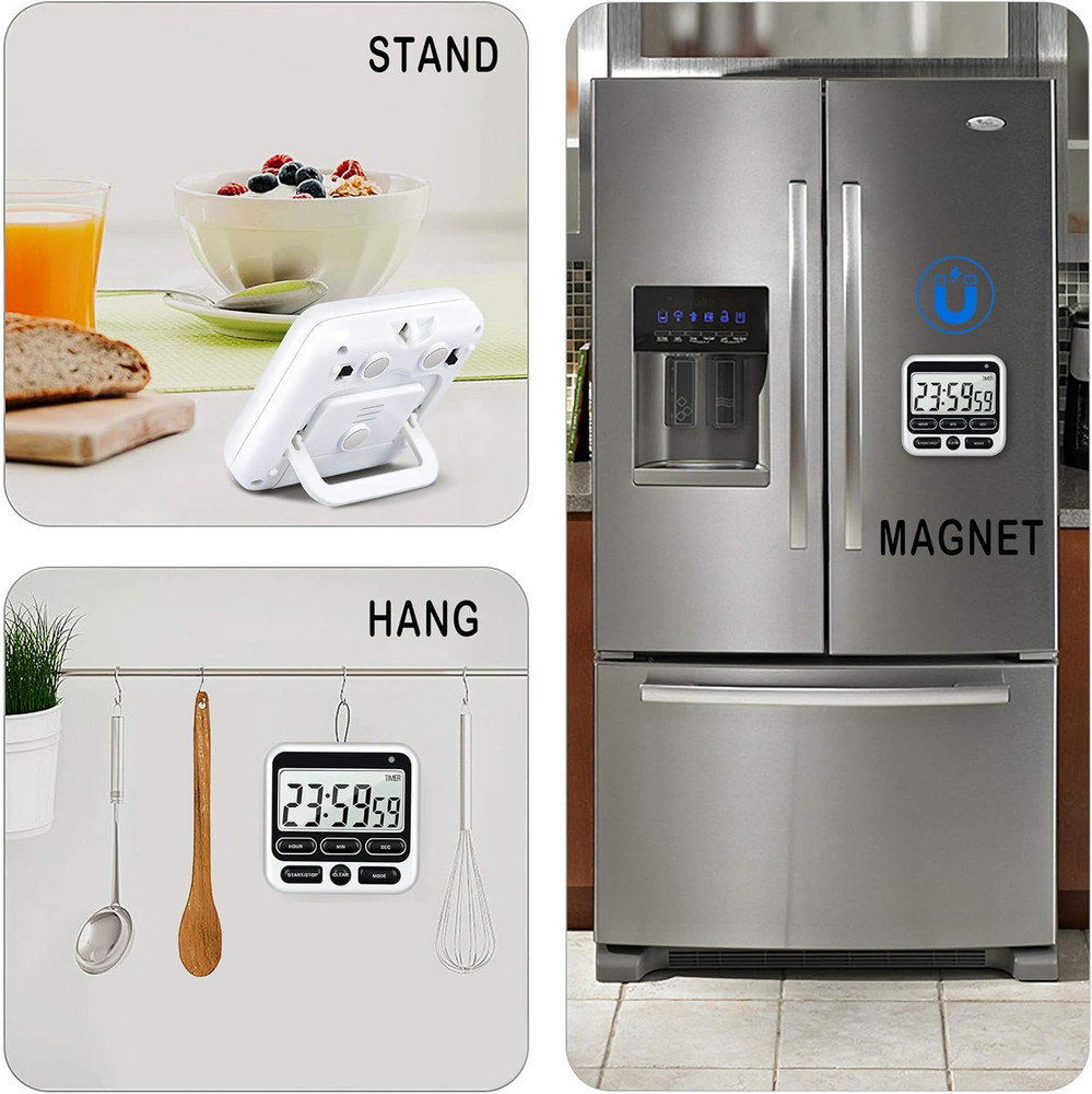 Digital Kitchen Timer with Mute/Loud Alarm Switch ON/Off Switch, 12-Hour Clock &