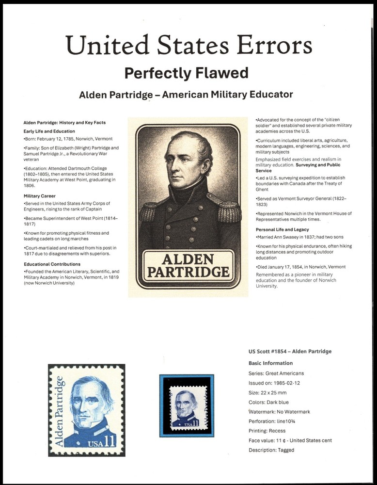 Perfectly Flawed SN 1854 MNH - Misperf on Presentation Panel 8.5” X 11”