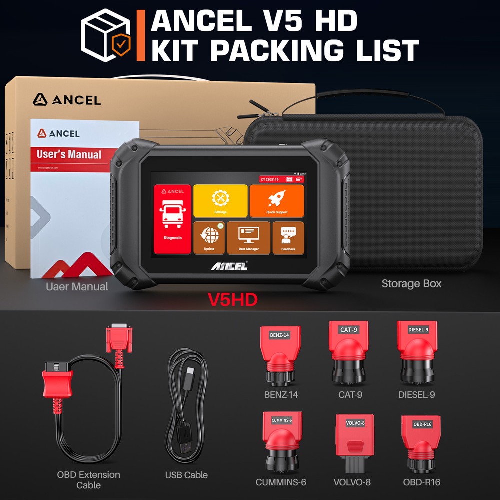 ANCEL V5 HD Heavy Duty Truck Diagnostic Tools Full System ECU Coding Diagnosis