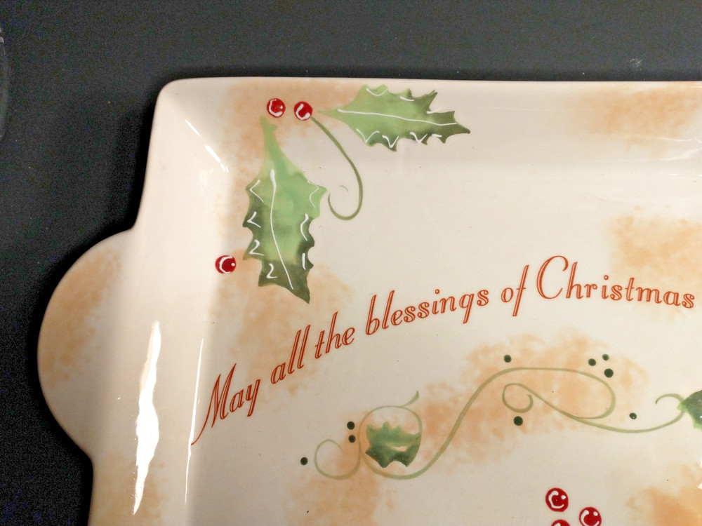 Ganz Ceramic Christmas Poinsettia Rectangular Tray 16.25" handle to handle