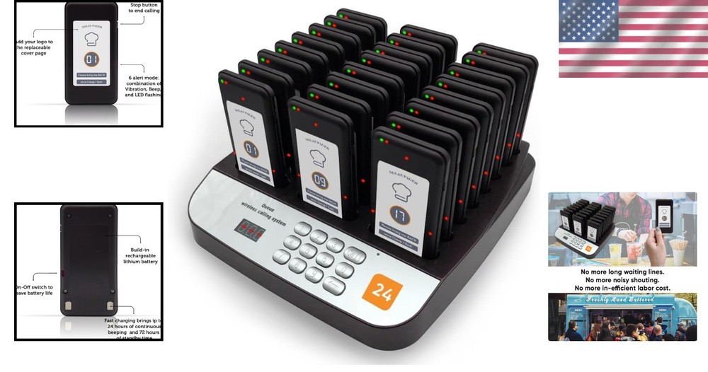 Restaurant Queue Paging System – 24 Rechargeable Pagers with Group Call Feature