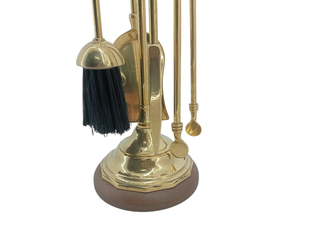 Fireplace Accessory Set Tool Kit Polished Brass Tripod Wood Base