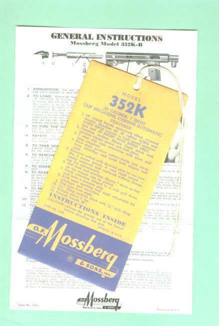 Mossberg Model 352K-B Owners Manual & Hang Tag  Reproduction