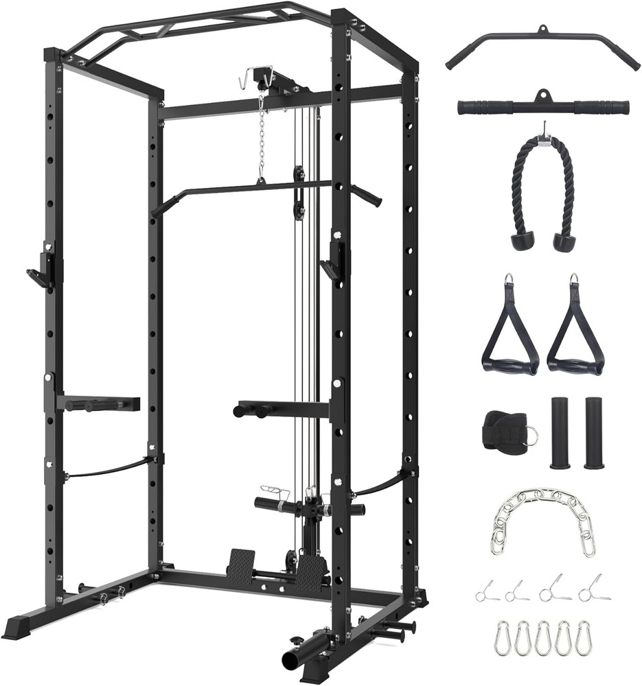 Garveelife Power Cage, Multi-Function Squat Rack with LAT Pulldown, 1600 LBS Wei