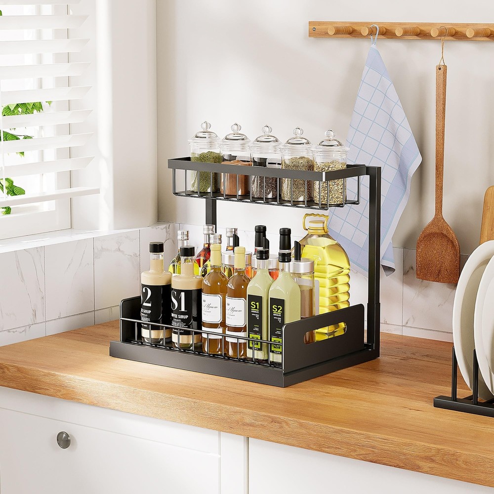 VUSIGN Under Kitchen Sink Organizer 2 Tier, Pull Out Under Sink Organizers an...