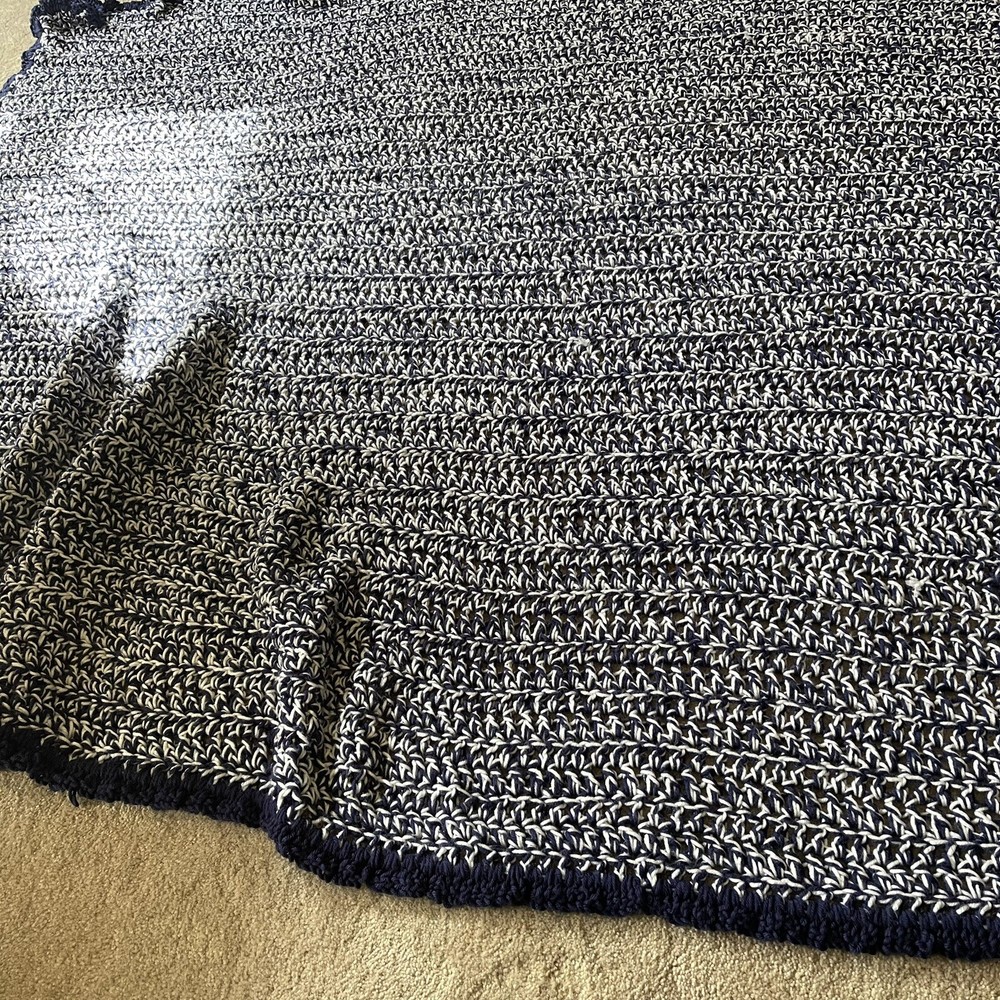 Hand Crocheted Navy And White Afghan Throw Blanket