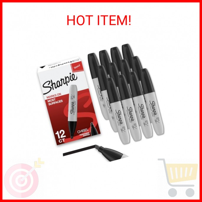 Sharpie Permanent Markers, Chisel Tip, Black, 12 Count - Home, School, Office Su