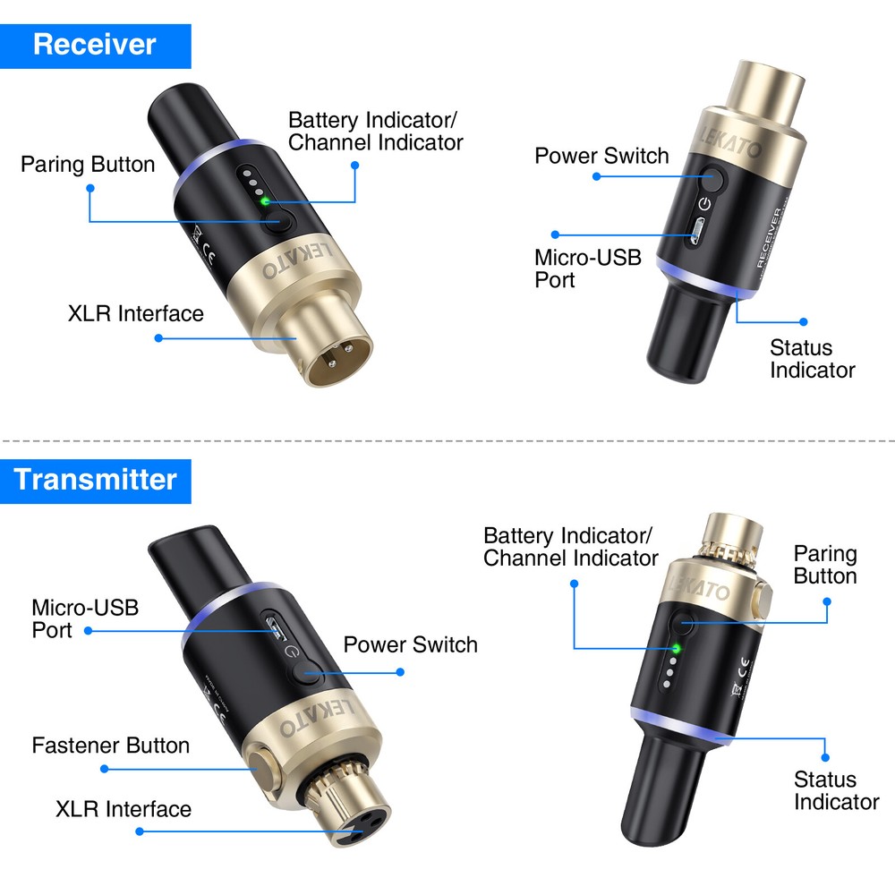 LEKATO Dynamic XLR Transmitter Receiver Wireless Mic System for Stage, 4 Channel