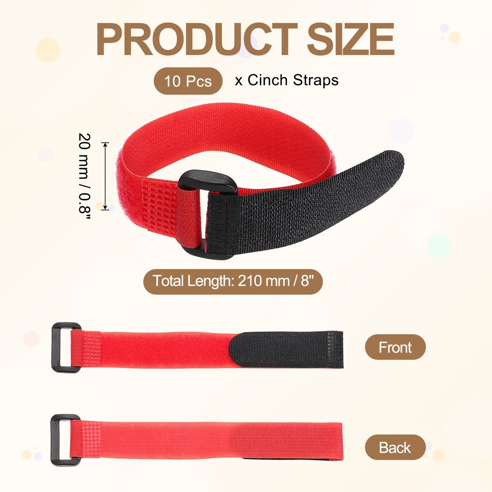 10pcs Reusable Cinch Straps 0.8"x8" Hook and Loop Cable Securing Straps, Red