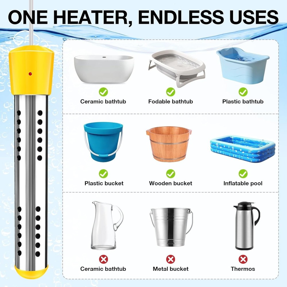 Immersion Water Heater W/ Insulated Gloves 2000W Portable Water Heater W/ 304 SS