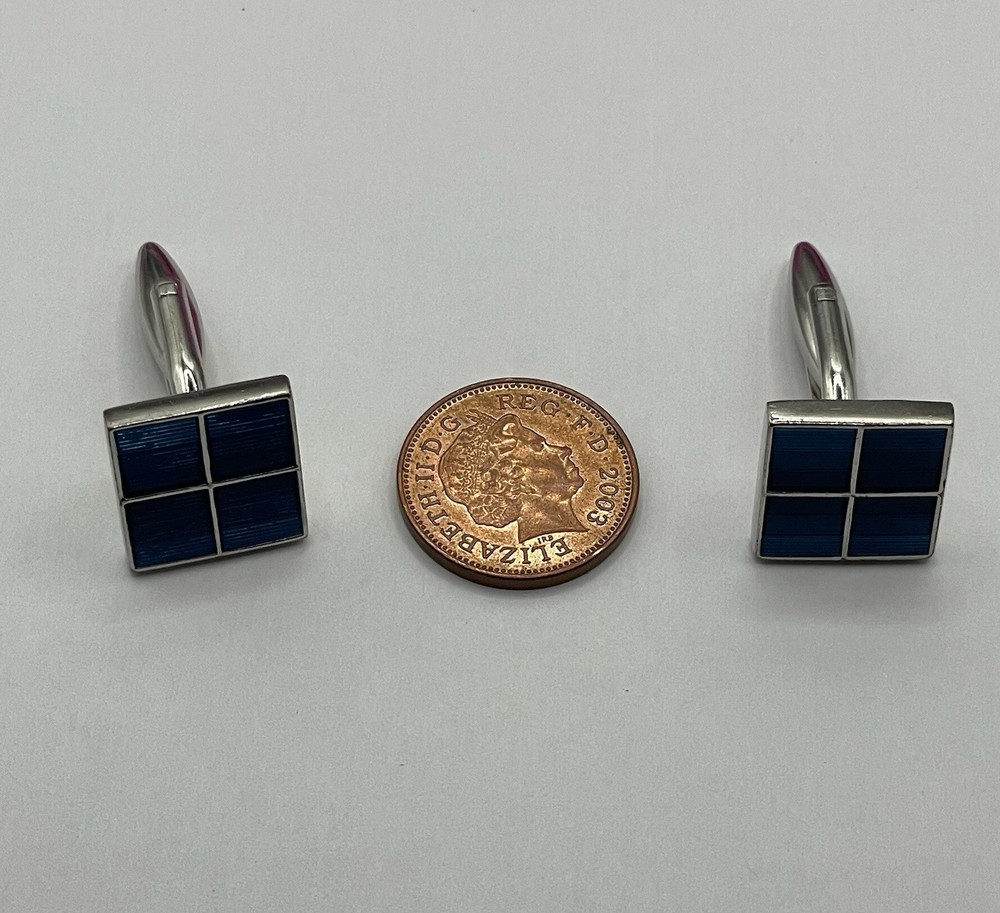 Cufflinks, Silver Tone & Mid Blue Square Front, Bullet Back