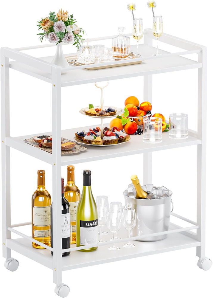 3-Tier Rolling Bar Cart with Storage White