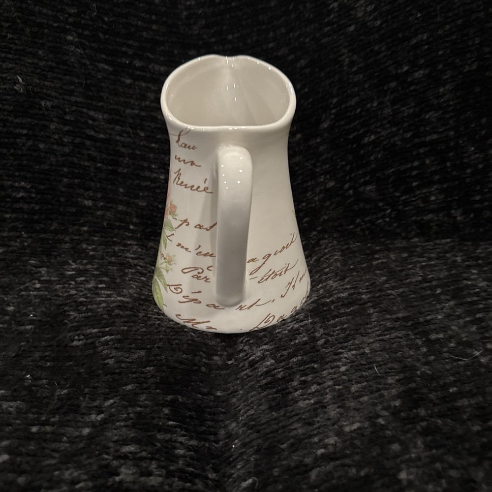 Telaflora White Ceramic Pitcher Flower Vase planter Rose & French Script pattern