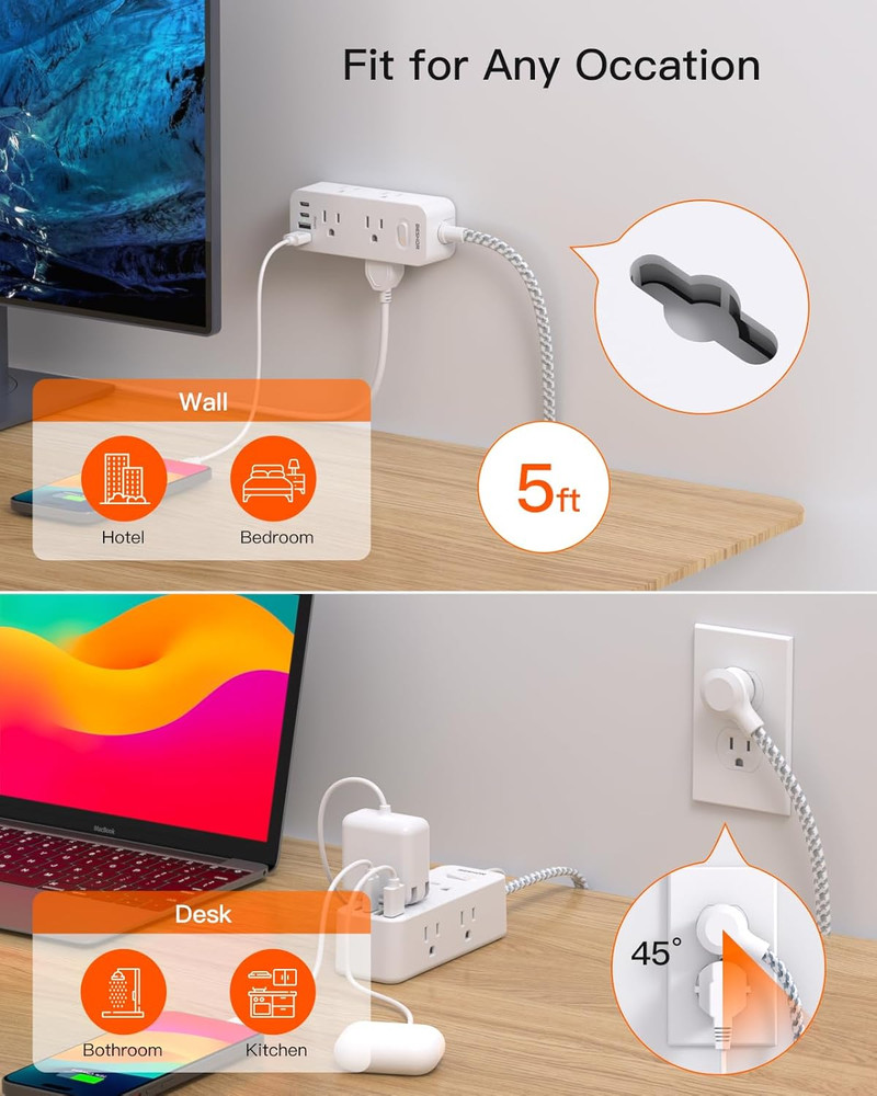 10 Outlet Surge Protector Power Strip USB C 5FT Flat Plug