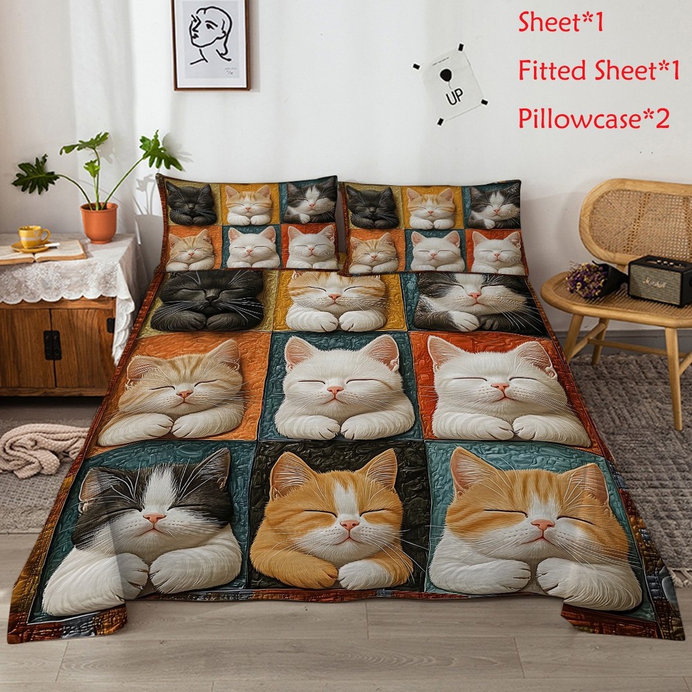 4pcs 3D Cat Sheet Set with Fitted Sheet with Pillowcases for Bedding Cat Lovers