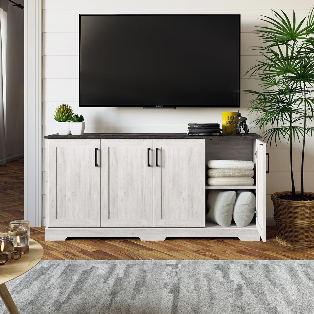 Rustic Ridge 4 Door Console Table with Storage, Washed White Storage Cabinet ...