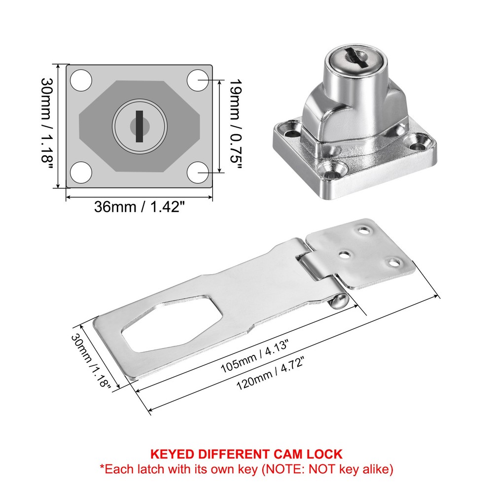 4Inch Keyed Hasp Locks Twist Knob Locking Keyed Different, Silver