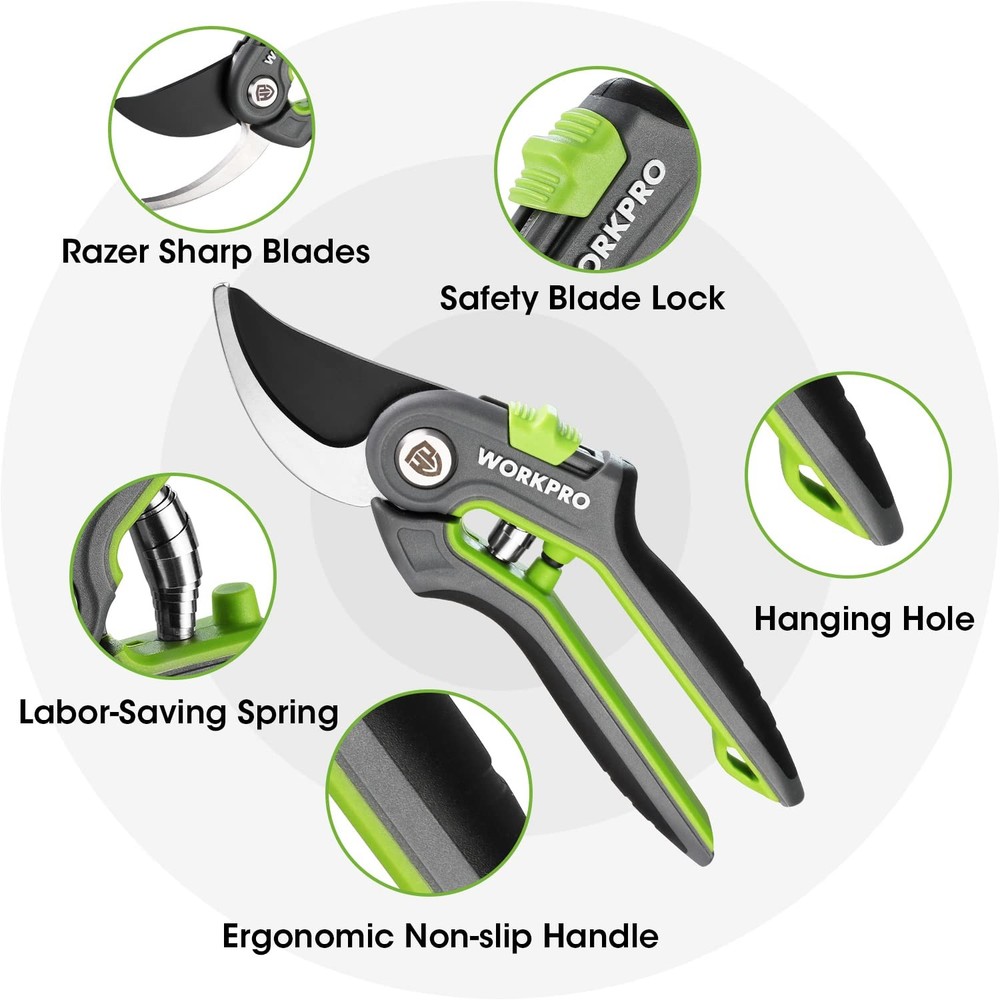 WORKPRO Garden Pruning Shears 2 Pack, 8" Bypass Green, Grey, Black